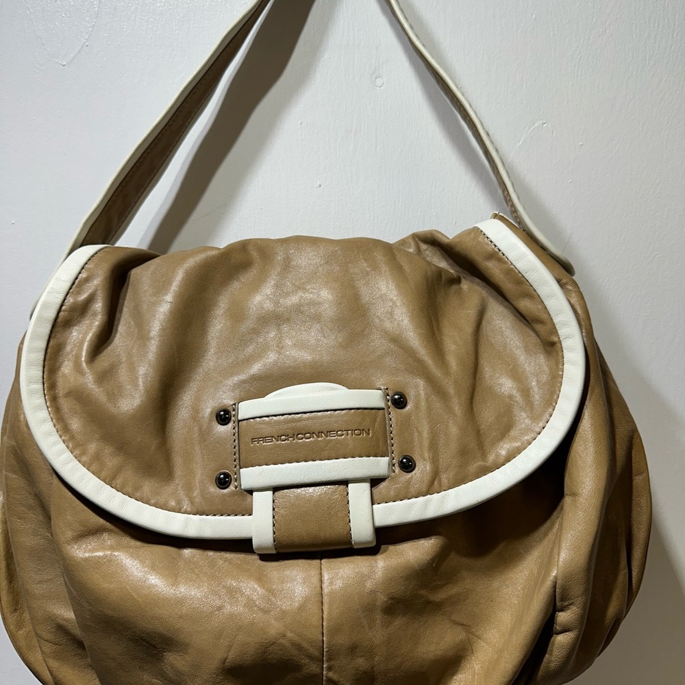 French Connection Tan Shoulder Bag with White Trim and Buckle Detail